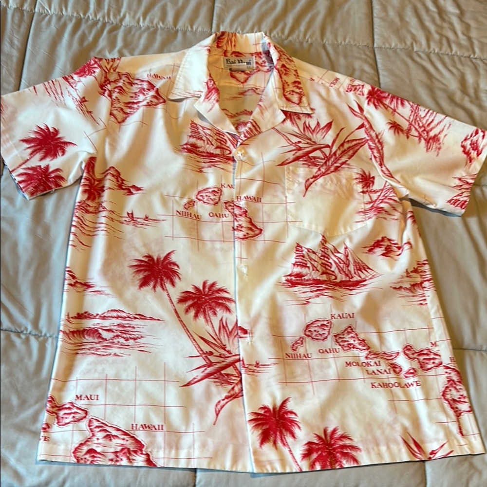 Hawaiian Red and White Button Down Shirt with Tropical Print